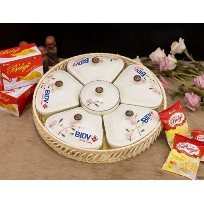 Bộ khay mứt sứ Bát Tràng SƠN MÀI 