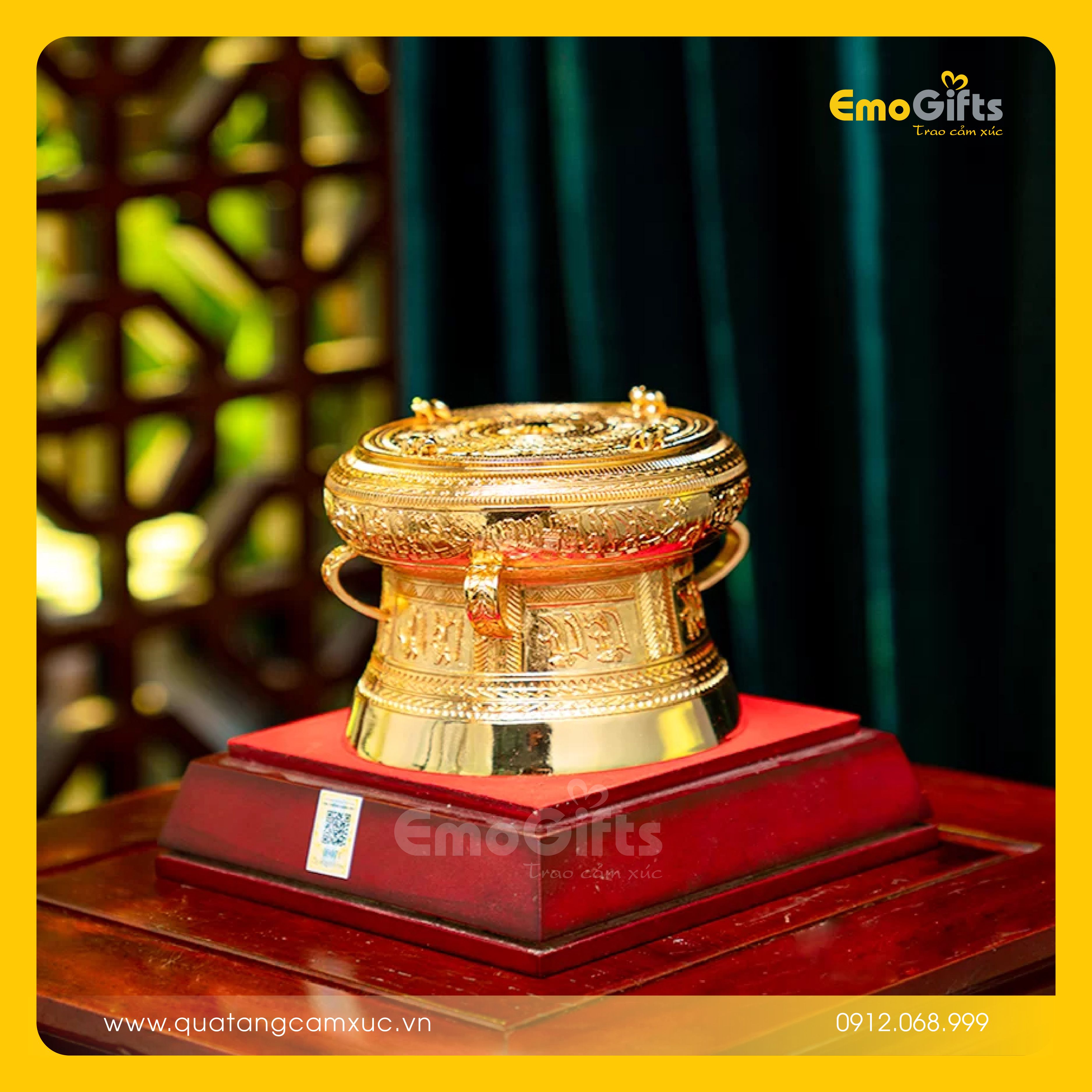 Trống đồng đúc thủ công D=12cm mạ vàng 24k